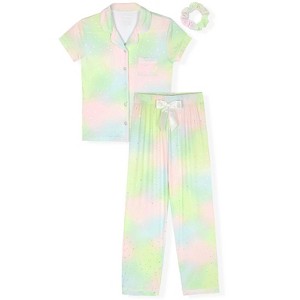 Sleep On It Girls 2-Piece Short-Sleeve Button Down Coat Pajama Pant Set with Matching Scrunchie - 1 of 4
