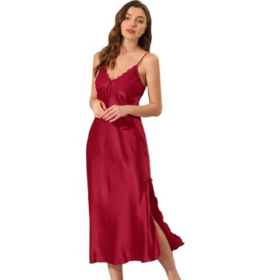 cheibear Women's Spaghetti Strap Nightdress Cami Satin Pajama Dress Small Wine Red