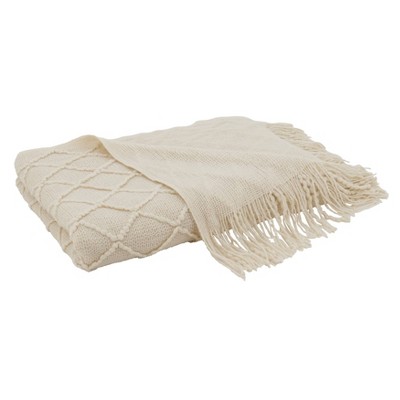 Ivory Cotton Knitted 50"x60" Reversible Throw with Fringed Edges
