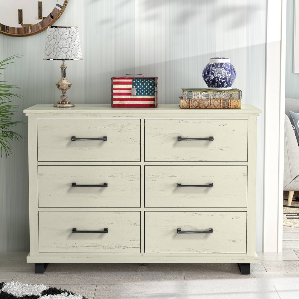 52" Dresser with 6 Drawers Cut Off-White - Festivo: Modern Farmhouse Style, MDF Construction