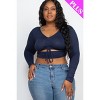 Slickblue Women's Plus Size Crop Top, Drawstring Ruched Cutout, Long Sleeve, Stretch Fit, Color and Size Option - 2 of 4