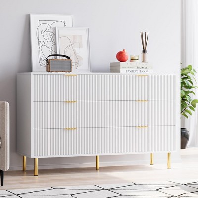 Garvee 6 Drawer Dresser for Bedroom, Wood Dresser with Metal Legs, Modern Chest of Drawers, Large Dresser for Closet, Living Room, Hallway, White