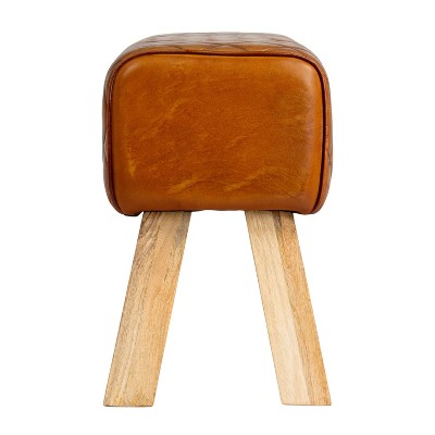 Brown Stitched Leather Upholstered Bench with Mango Wood Frame