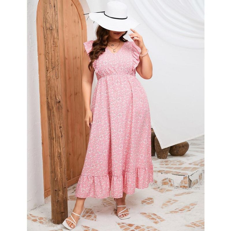 Women's Plus Size Summer Dress with Pocket Ruffle Cap Sleeveless V Neck Side Split Long Beach Maxi Dress, 2 of 9
