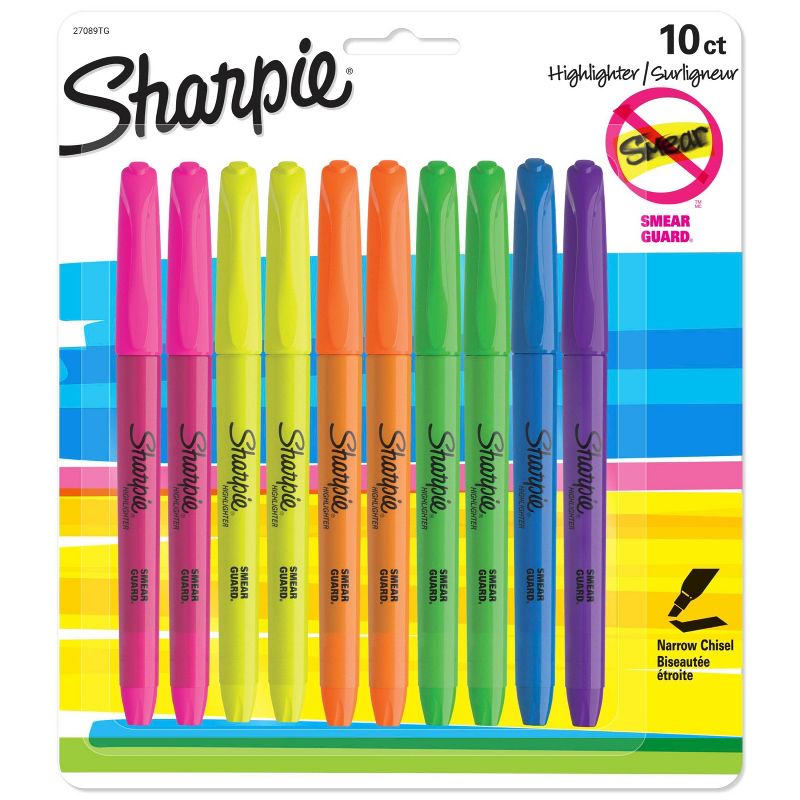 Sharpie Pocket 10pk Highlighters Smear Guard Narrow Chisel Tip Multicolored, 1 of 13