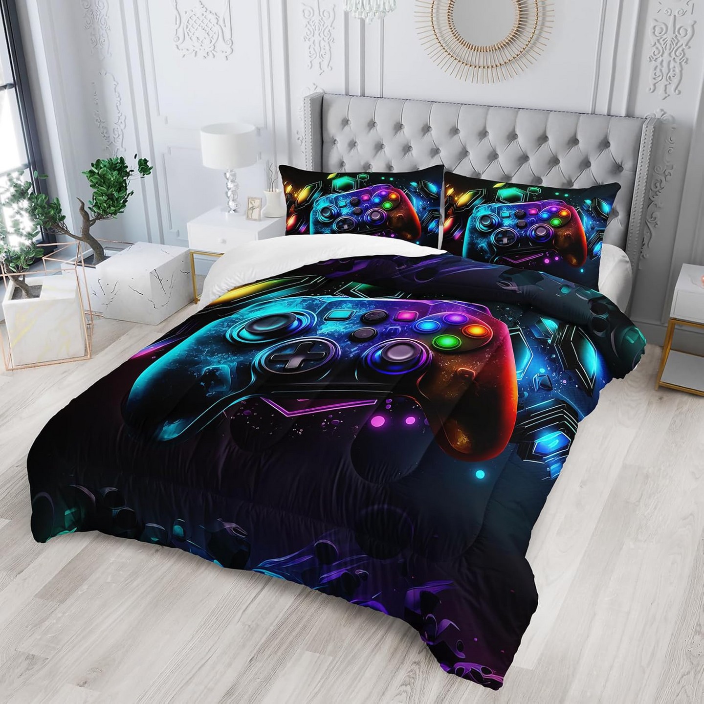 Комплект с одеялом Acoinel Neon Gamer Controller Comforter Set - Gaming Bedding Teens with 2 Pillowcases, Queen для мальчиков — фото 2