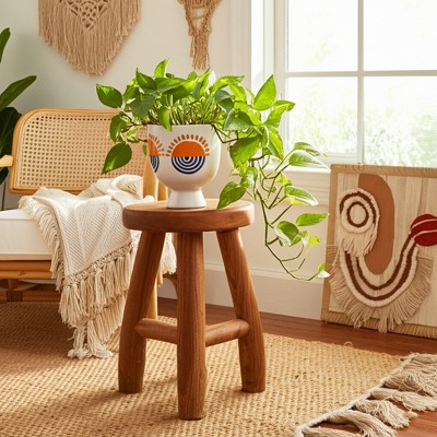 Stoneware Ceramic Boho Planter with Hand-Painted Sunburst Design - 7" White Decorative Flower Pot for Indoor/Outdoor Use