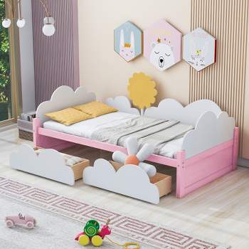 Twin size Princess Carriage Bed with Crown, Wood Platform Car Bed with  Stair, White+Pink-ModernLuxe