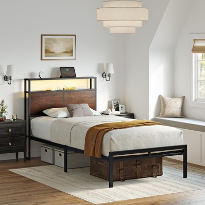 Hausource King/Twin Size Bed Frame with Storage Headboard & Charging Station No Box Spring Needed