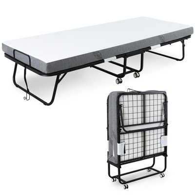 HOMCOM Folding Bed for Adults, Single Size, Portable Bed with Memory Foam Mattress & Steel Frame, Roll Away & Hideaway, White