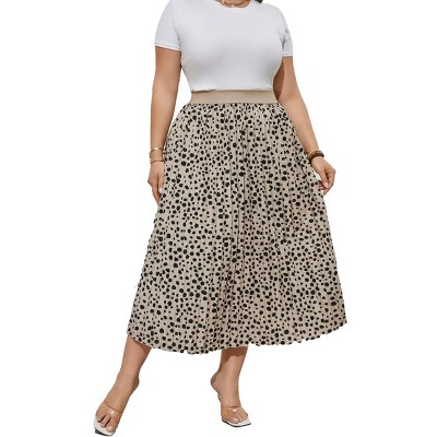 Clearlove Plus Size Pleated Skirt Women's Elastic Waist Boho  Midi Skirts with Pockets