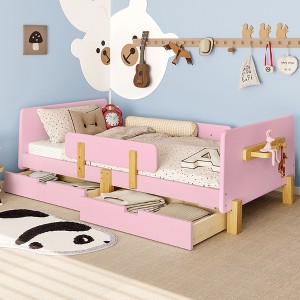 TIRAMISUBEST Twin/Full Size Platform Bed with Storage Drawers, Solid Wood Kids Bed Frame with Small Shelf & Hooks - 1 of 4
