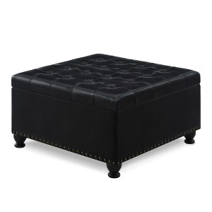 VYNXARIA Ottomans and Benches - 30"x30"x18" Black Square Storage Ottoman with Button Tufting and Nail Trim - 1 of 4