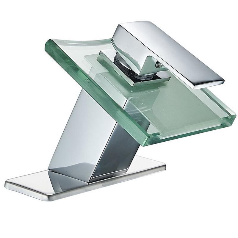BWE Waterfall Single Hole Single-Handle Low-Arc Bathroom Faucet With Glass Spout In Polished Chrome, 1 of 6