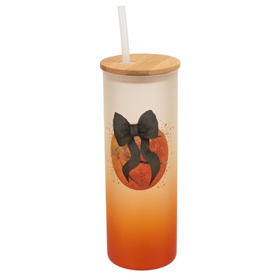 Elanze Designs 25 Ounce Frosted Glass Gradient Travel Tumbler With Straw and Wooden Lid, Basketball With Black Bow Orange