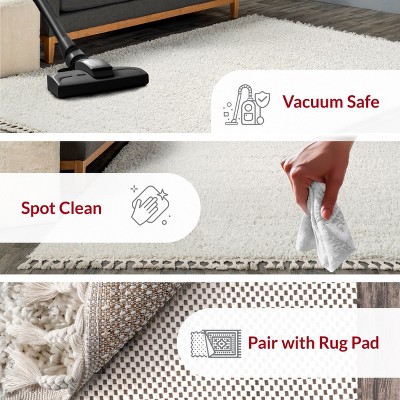Ivory Rectangular Braided Shag Area Rug with Tassels
