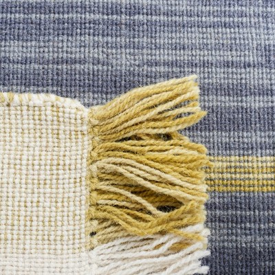 Beige and Teal Striped Wool Kilim Runner Rug
