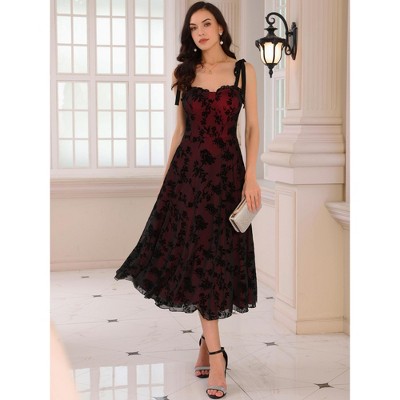 Женские платья INSPIRE CHIC Women's Sleeveless Spaghetti Strap Floral Mesh A-Line Midi Dress Small Black — фото 3