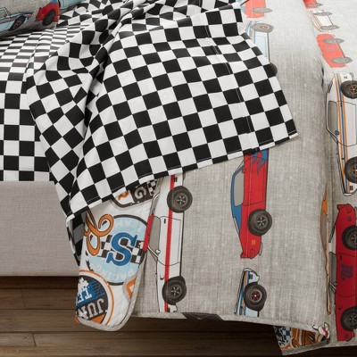 Blue and Orange Reversible Race Car Twin Quilt Set