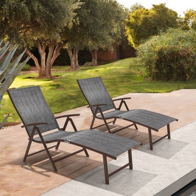 Set of 2 Gray and Brown Aluminum Adjustable Chaise Lounges