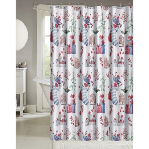 Merry Christmas Green Stripes Candy Cane Santa Shower Curtain Set Bathroom Decor 