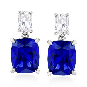 Ross-Simons 8.50 ct. t.w. Simulated Sapphire and 1.10 ct. t.w. CZ Drop Earrings in Sterling Silver - 1 of 4