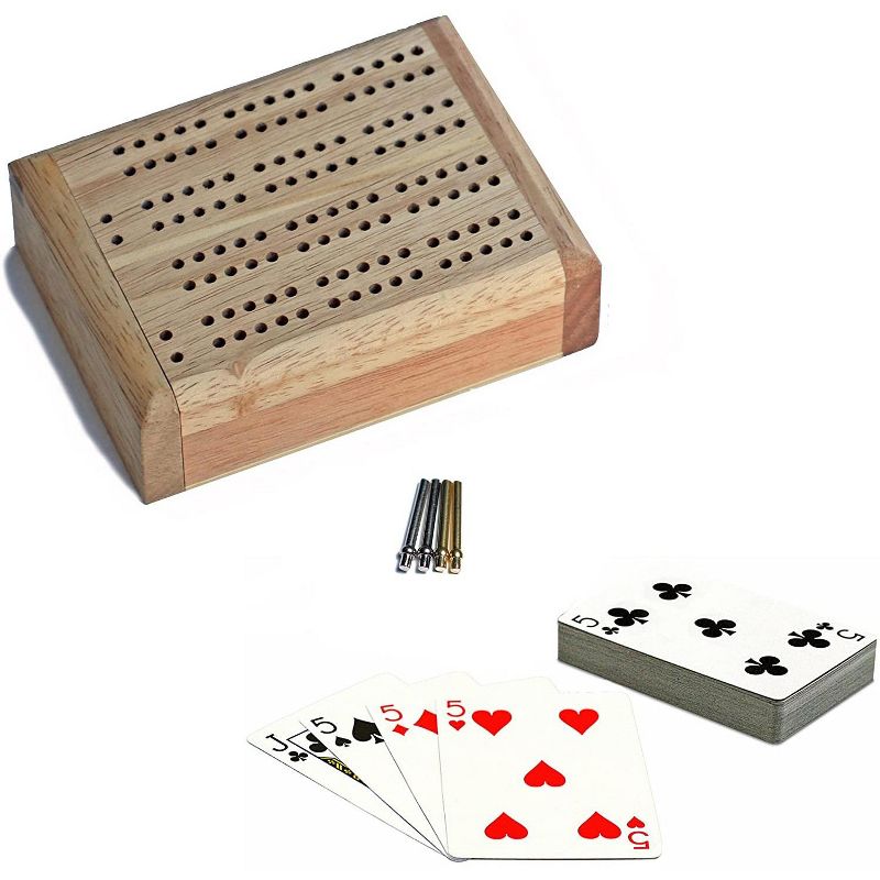 WE Games Mini Travel Cribbage Set - Solid Wood 2 Track Board with Swivel Top and Storage for Cards and Metal Pegs, 1 of 5