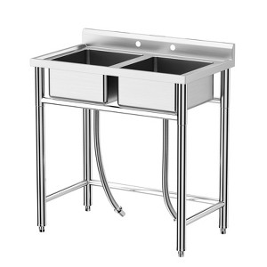 Freestanding Double Bowl Laundry Sink 36" Commercial Grade Stainless Steel & Polypropylene, Adjustable Legs, Rapid Drainage, Spacious Utility Sink - 1 of 4