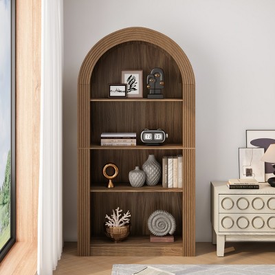 Arched Bookcase with 4 Open Shelves,Tall Bookcase with Storage Shelf for Living Room or Bedroom,Mid Century Modern Display Bookcase-Cuddlewood