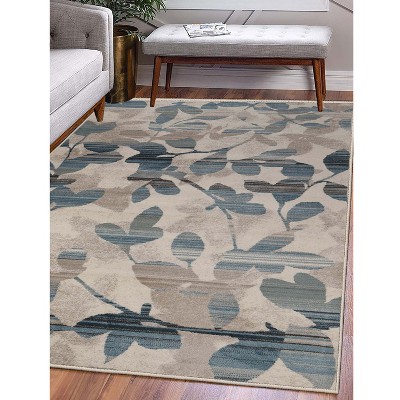 Cream and Blue Floral Pattern Stain-Resistant Synthetic Area Rug, 5'x8'