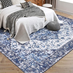 Garvee Vintage Area Rug, Low-Pile Machine Washable Rug, Non-Shedding Ultra-Thin Stain Resistant, Non Slip Rubber Backing(Blue) - 1 of 4