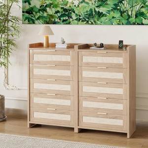 Boho 5-Drawer Rattan Dresser for Bedroom, Large Wooden Chest of Drawers Storage Cabinet for Clothes, Nightstand Organizer for Hallway, Living Room - 1 of 4