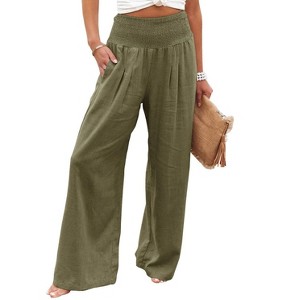 Womens Palazzo Pants Wide Leg High Waist Smocked Harem Pants Loose Fit Lounge Pants Linen Textured Summer Boho Bagyy Yoga Pants - 1 of 4