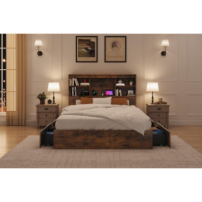 Queen Bed Frame with Bookcase Headboard and 4 Storage Drawers, Wooden Platform Bed Frame with Sturdy Metal Support, No Box Spring Required, Grey