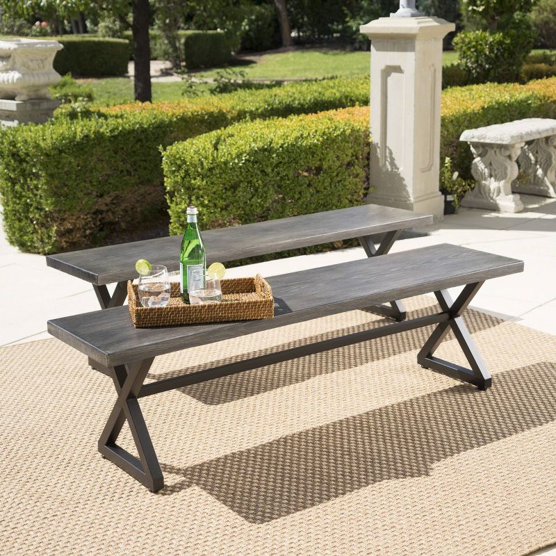 Rolando 2pk Aluminum Outdoor Patio Dining Bench - Gray - Christopher Knight Home, Sturdy Steel Frame, Water-Resistant, Hand-Crafted Details, 3 of 9