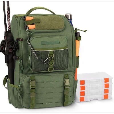 Fishing Tackle Backpack with Rod Holder 4 Tackle Boxes, Storage Fishing Gear and Equipment