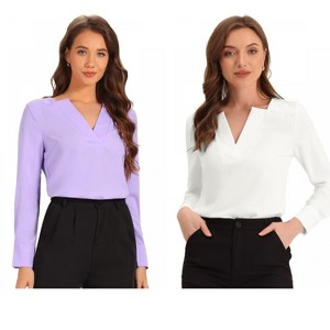 INSPIRE CHIC Women's Elegant Long Sleeve V Neck Work Office Blouse 2 Packs - 1 of 4