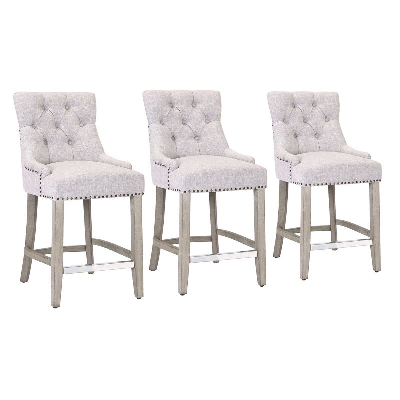 WestinTrends 24" Linen Tufted Buttons Upholstered Wingback Counter Stool (Set of 3), 3 of 4
