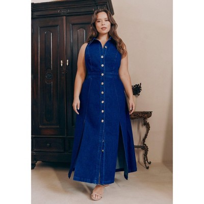 ELOQUII Women's Plus Size Sleeveless Denim Midi Dress