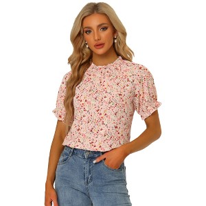 INSPIRE CHIC Women's Ruffled Short Sleeve Floral Mock Neck Summer Top - 1 of 4