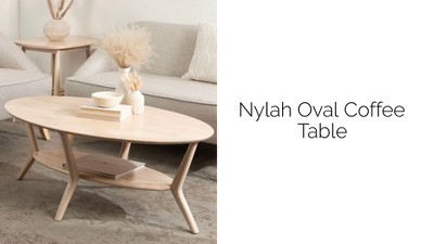 Natural Wood Oval Coffee Table with Storage and Sculptured Legs