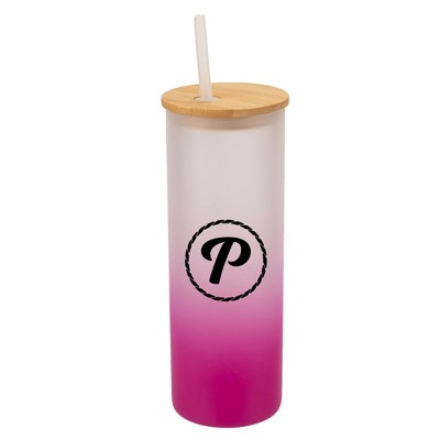 Elanze Designs P Monogram Letter Initial Rope Circle Wrap-Around Design 25 Ounce Frosted Gradient Glass On-The-Go Coffee Travel Skinny Tumbler Mug
