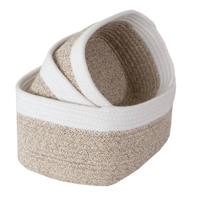 Natural and White Cotton Rope 3-Piece Storage Basket Set