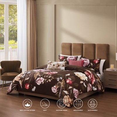 Queen Brown Floral Cotton Reversible Comforter Set