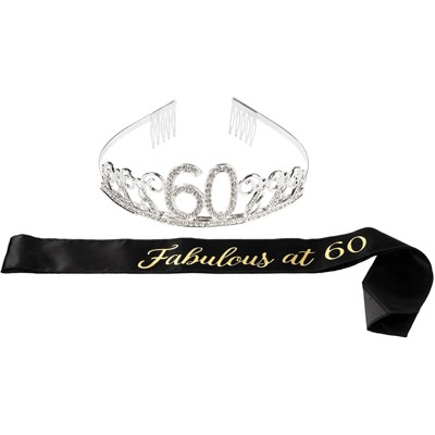 Blue Panda 60th Birthday Tiara and Sash – Fabulous at 60 Satin Sash and Rhinestone Crown Tiara Set for Gift Party Supplies and Decorations