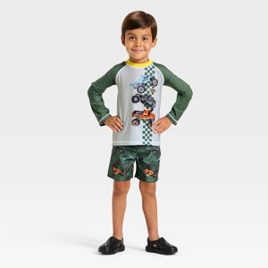 Toddler Boys' Monster Jam Long Sleeve Rash Guard Set - Olive Green - 1 of 4