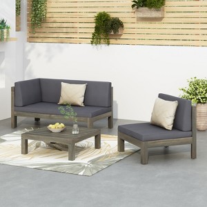 GDFStudio Elowen Outdoor Acacia Wood and Water Repellent Fabric X-Back 3-Piece Left Arm Converstaion Sets - 1 of 4