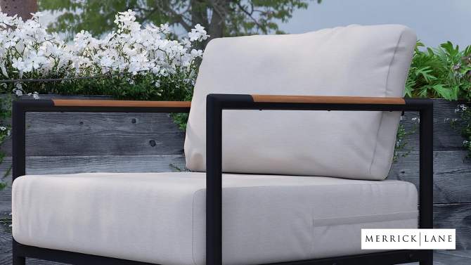 Merrick Lane Outdoor Accent Chair with Removable Plush Fabric Cushions and Teak Accented Aluminum Frame, 2 of 16, play video