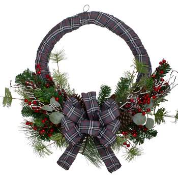 Northlight Gray and Red Plaid Artificial Christmas Wreath with Red Berries - 24-Inch, Unlit