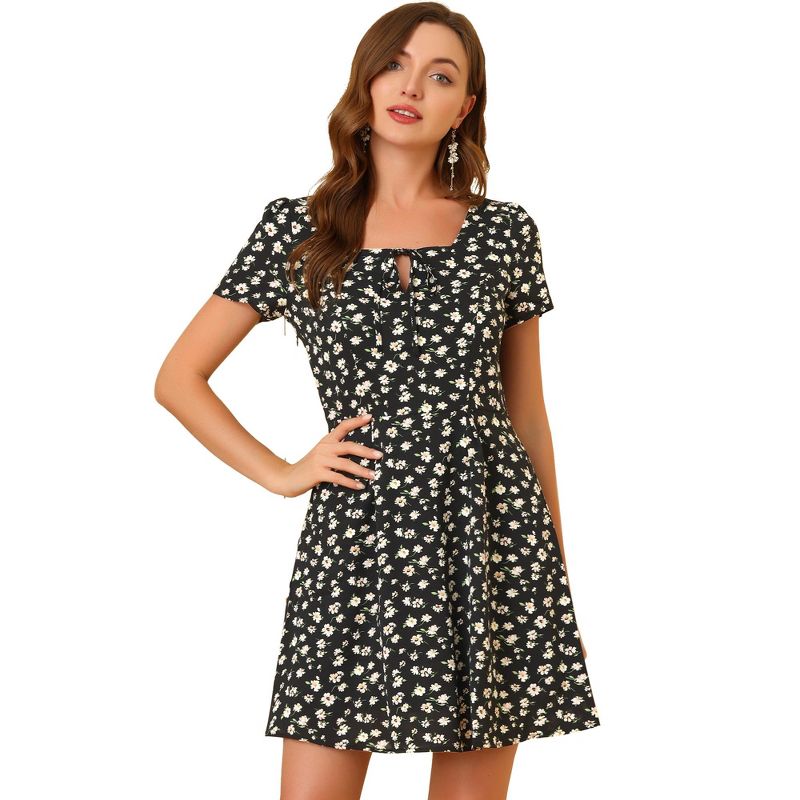 Allegra K Women's Printed Casual Square Neck Short Sleeve Mini A-Line Dress, 1 of 8